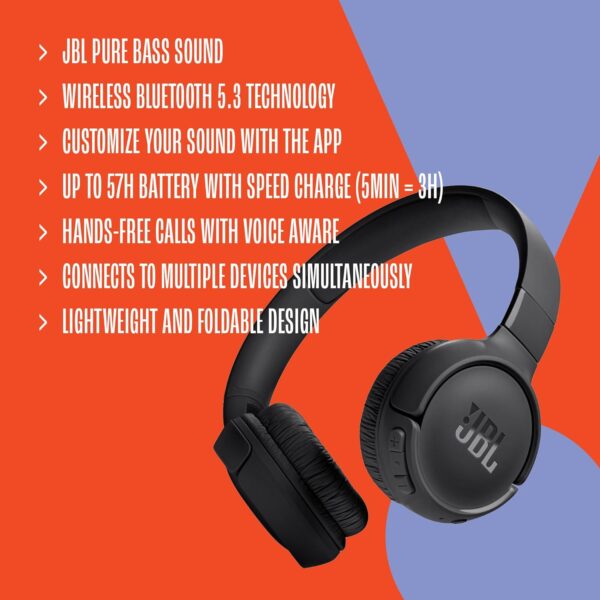 JBL Tune 520BT - Wireless On-Ear Headphones, Up to 57H Battery Life and Speed Charge, Lightweight, Comfortable and Foldable Design, Hands-Free Calls with Voice Aware (Black) - Image 2