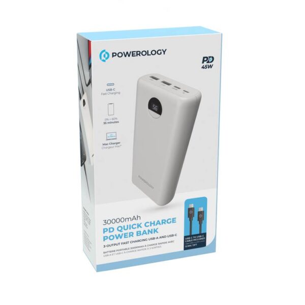 Powerology Quick Charge Power Bank 30000mAh PD 45W with Type-C to Type-C Cable 0.9m, Super Compact, USB-C Input & Output, 2 USB-A Output, Fast Charging, Digital Display Indicator - Image 5